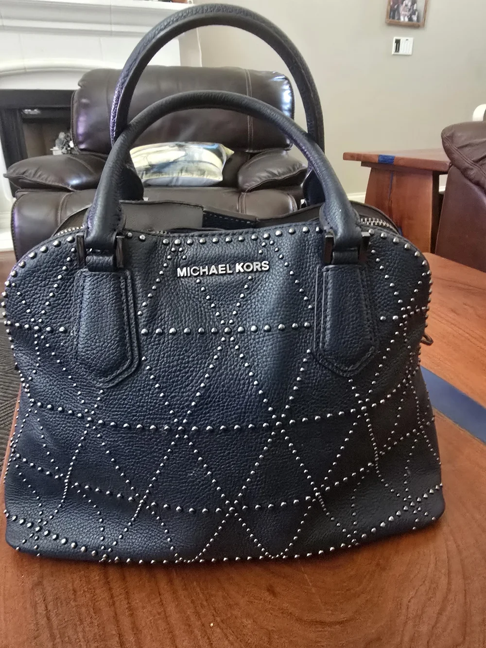 Michael Kors Dark Navy Studded Leather Satchel Adele